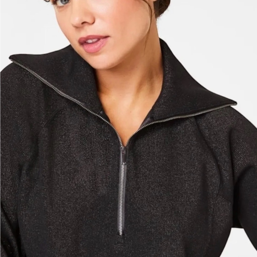 Quiet Luxury Spanx AirEssentials Black Half Zip Shimmer Sweatshirt Black Large - Picture 2 of 16